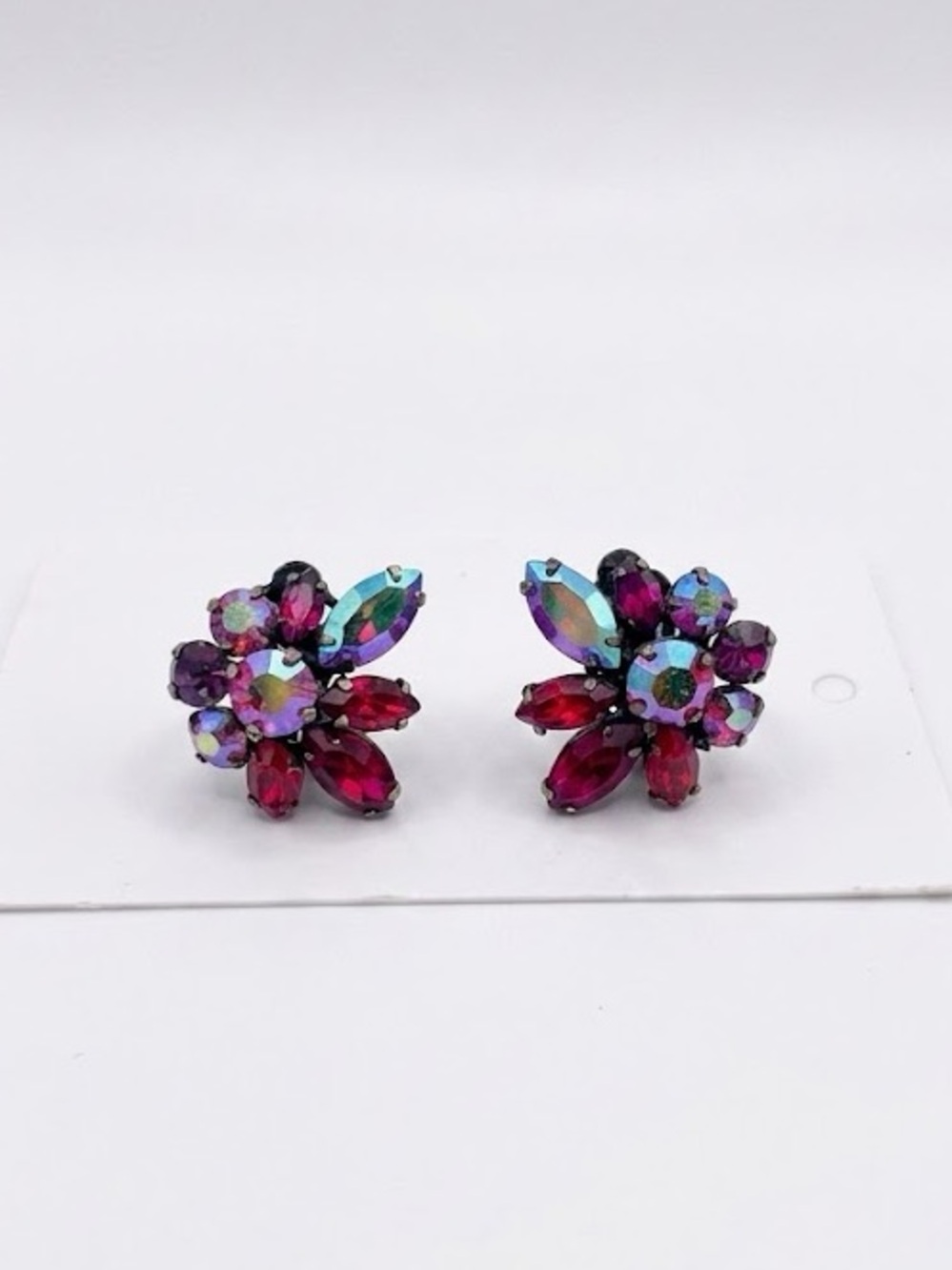 Vintage Signed Sherman Siam Red Aurora Borealis Rhinestone Cluster Clip Earrings